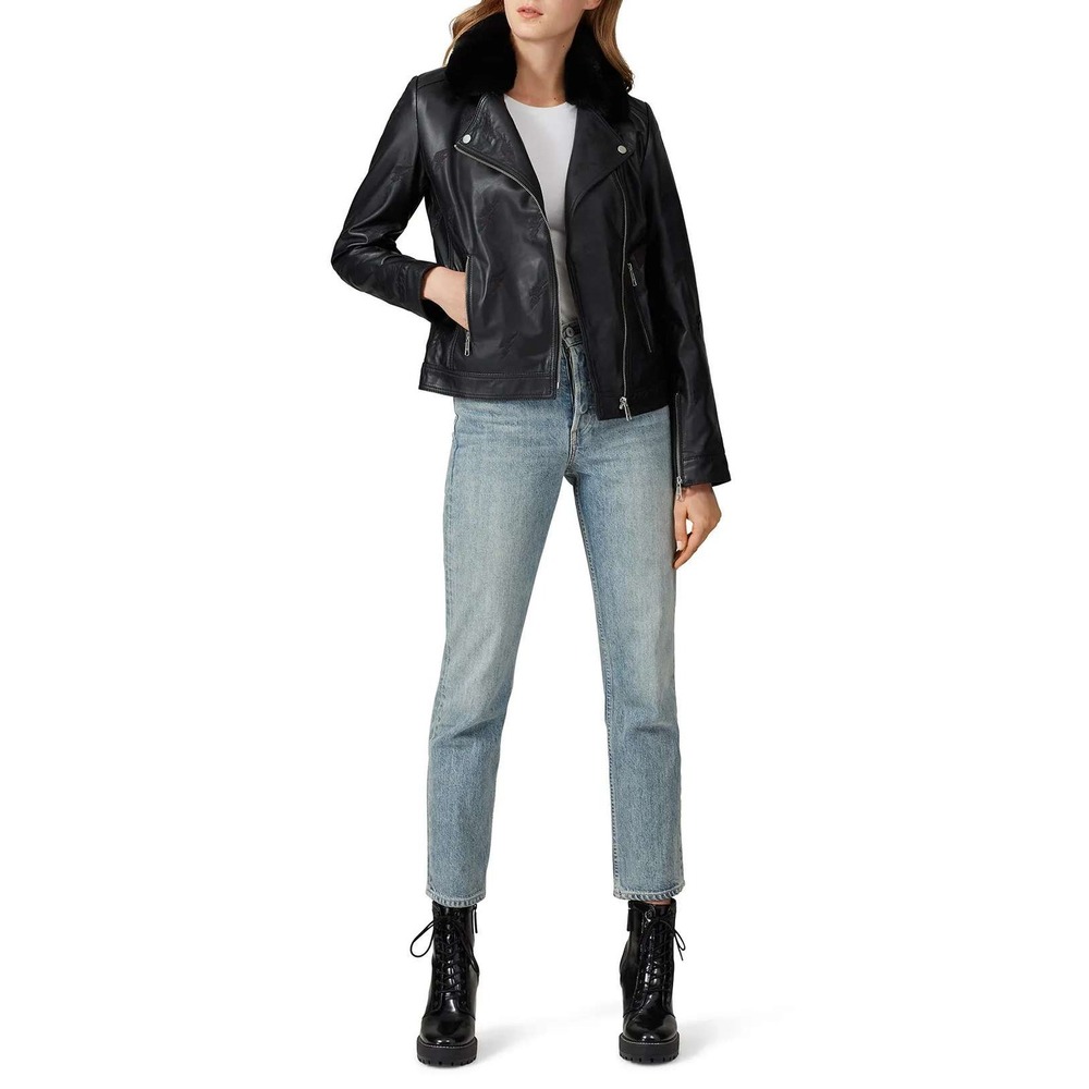 Sipos New York Womens Blk Leather Lightning Bolt Moto Jacket Faux Fur Collar XS